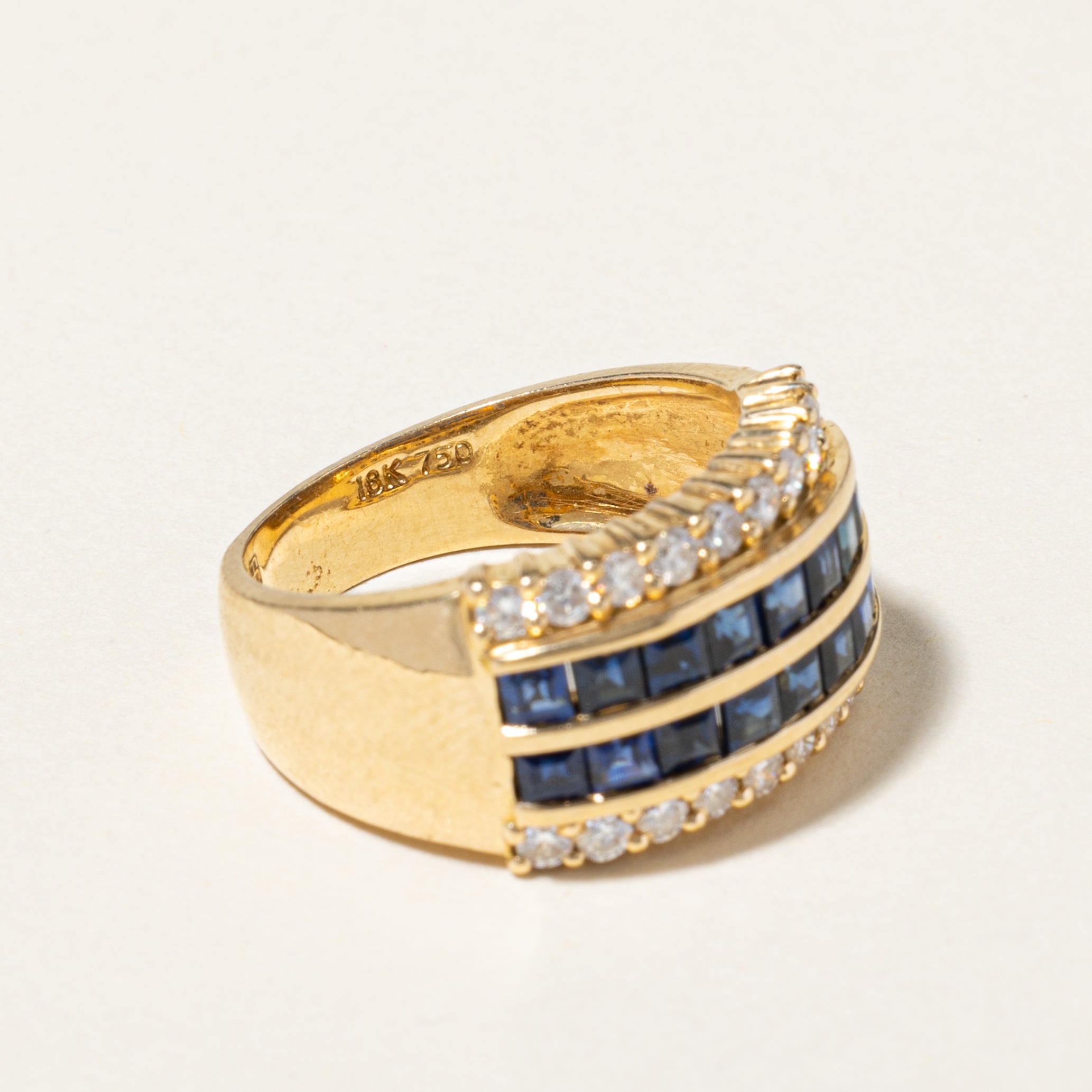 18K Yellow Gold Double Row Sapphire & Diamond Ring | 1.52ctw, 0.60ctw | SZ 6.25