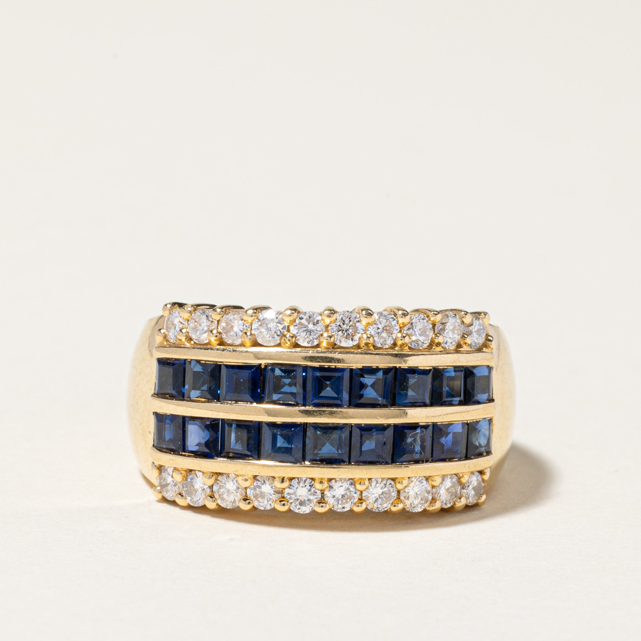 18K Yellow Gold Double Row Sapphire & Diamond Ring | 1.52ctw, 0.60ctw | SZ 6.25