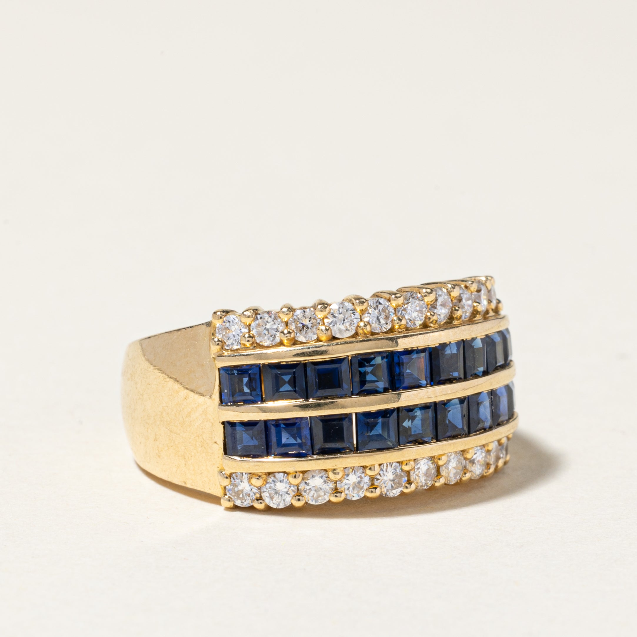 18K Yellow Gold Double Row Sapphire & Diamond Ring | 1.52ctw, 0.60ctw | SZ 6.25