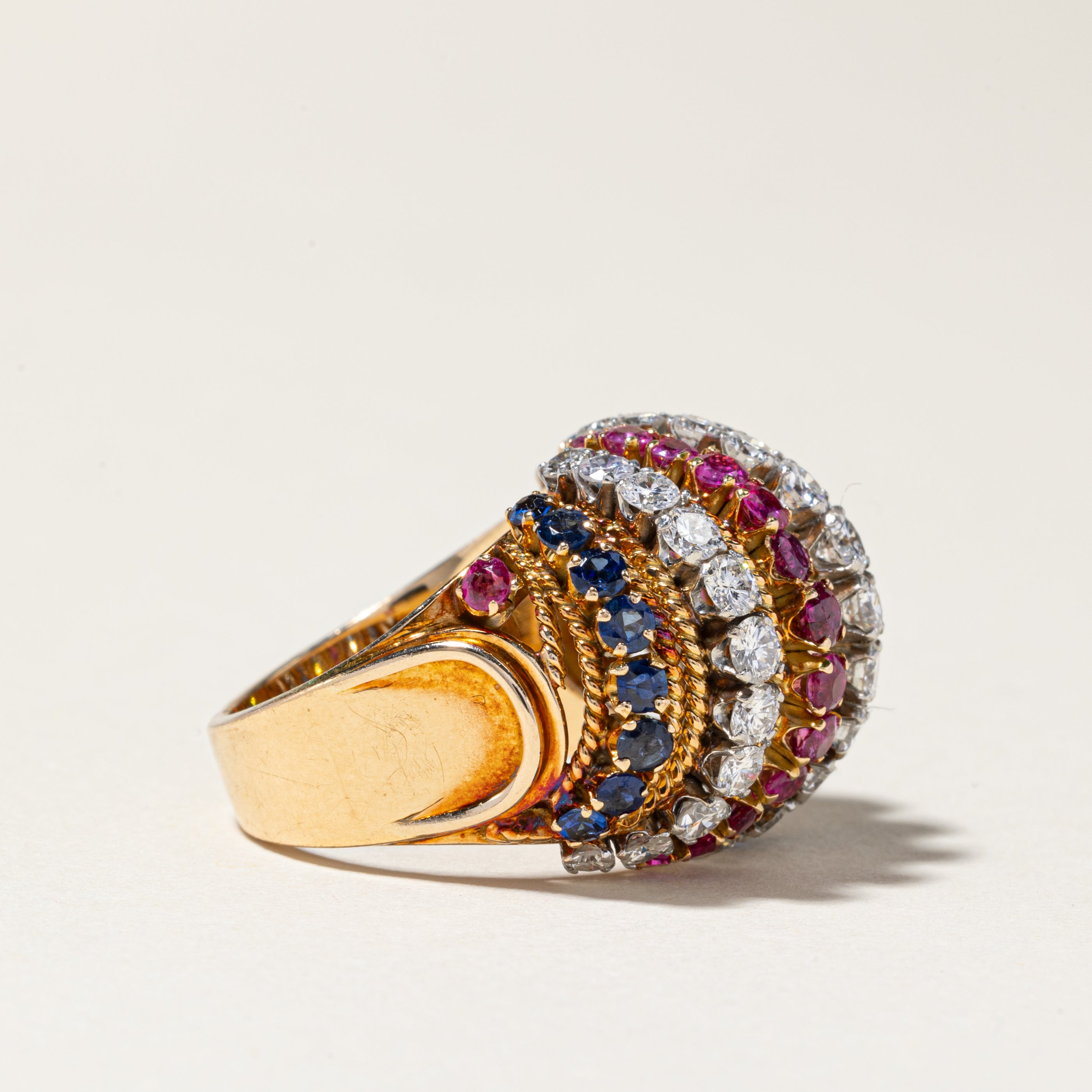 18K Yellow Gold Ruby, Sapphire & Diamond Dome Ring | 1.01ctw, 1.01ctw, 1.60ctw | SZ 5.25