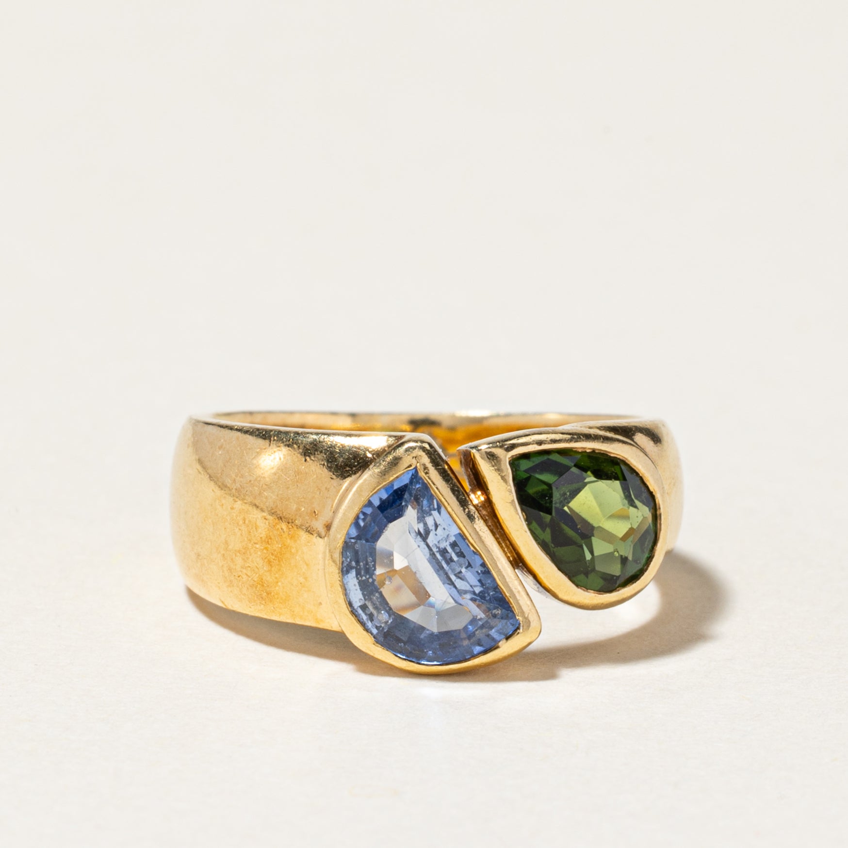 18K Yellow Gold Sapphire & Tourmaline Toi et Moi Ring | 0.60ct, 0.75ct | SZ 4.25