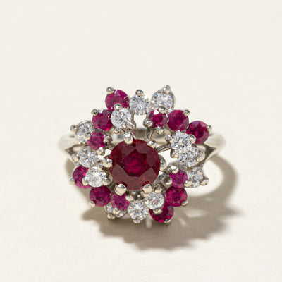 10k Synthetic Ruby & Diamond Cluster Cocktail Ring | 1.25ctw, 0.44ctw | SZ 5
