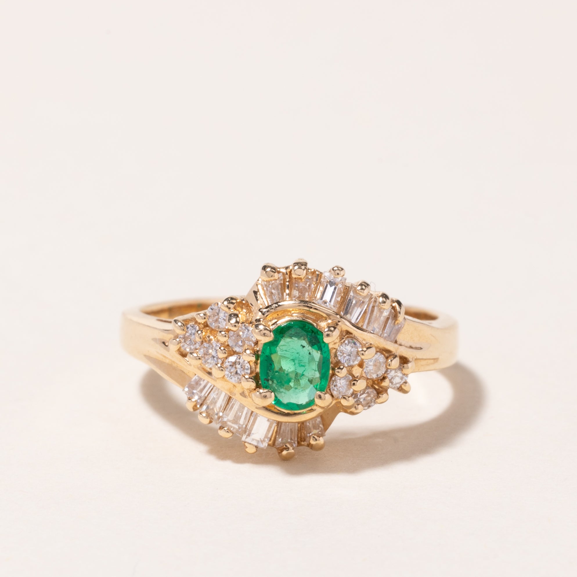 14K Yellow Gold Emerald & Diamond Cocktail Ring | 0.16ct, 0.54ctw | SZ 6.5