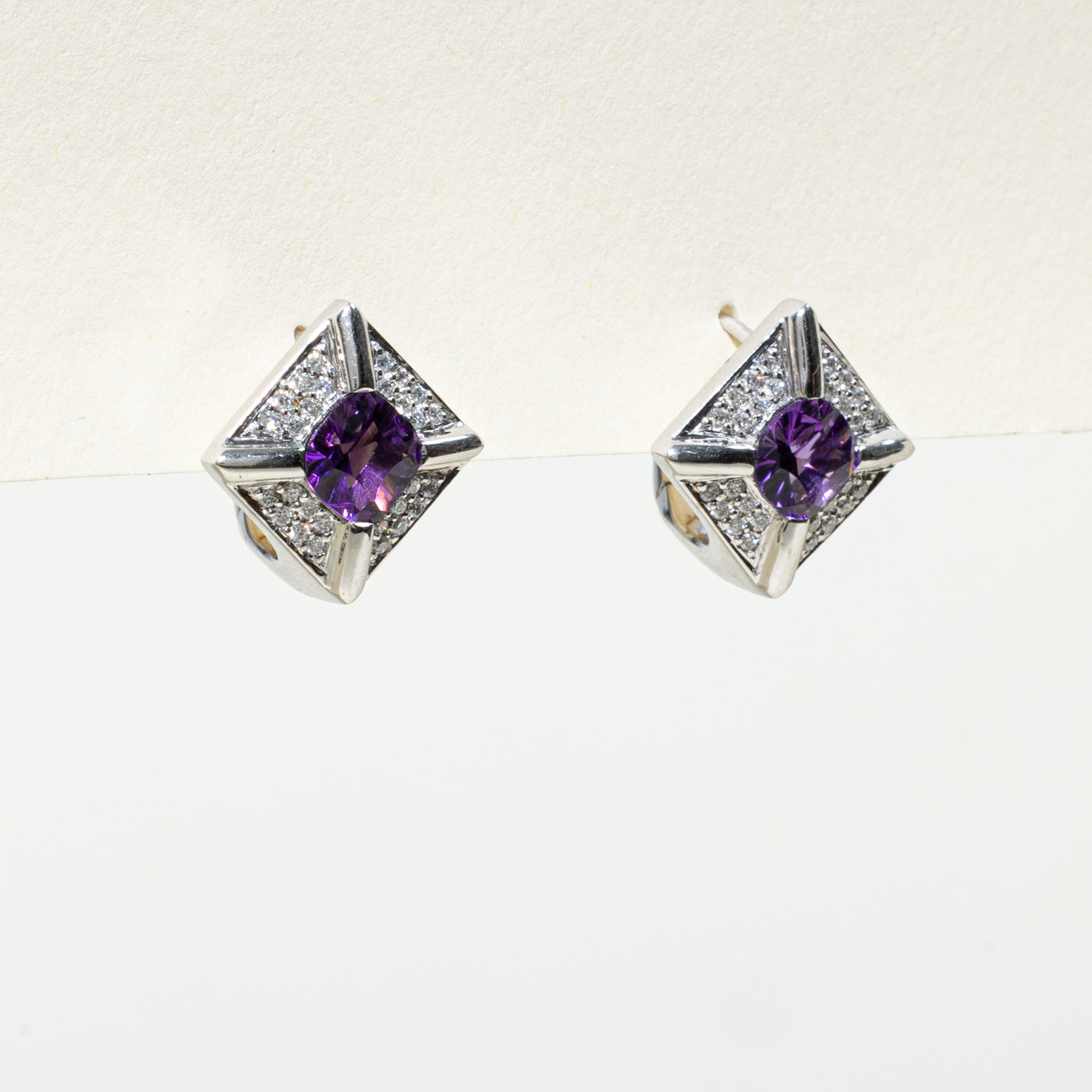14K Cushion Cut Amethyst & Diamond Geometric Stud Earrings | 1.60ctw, 0.21ctw