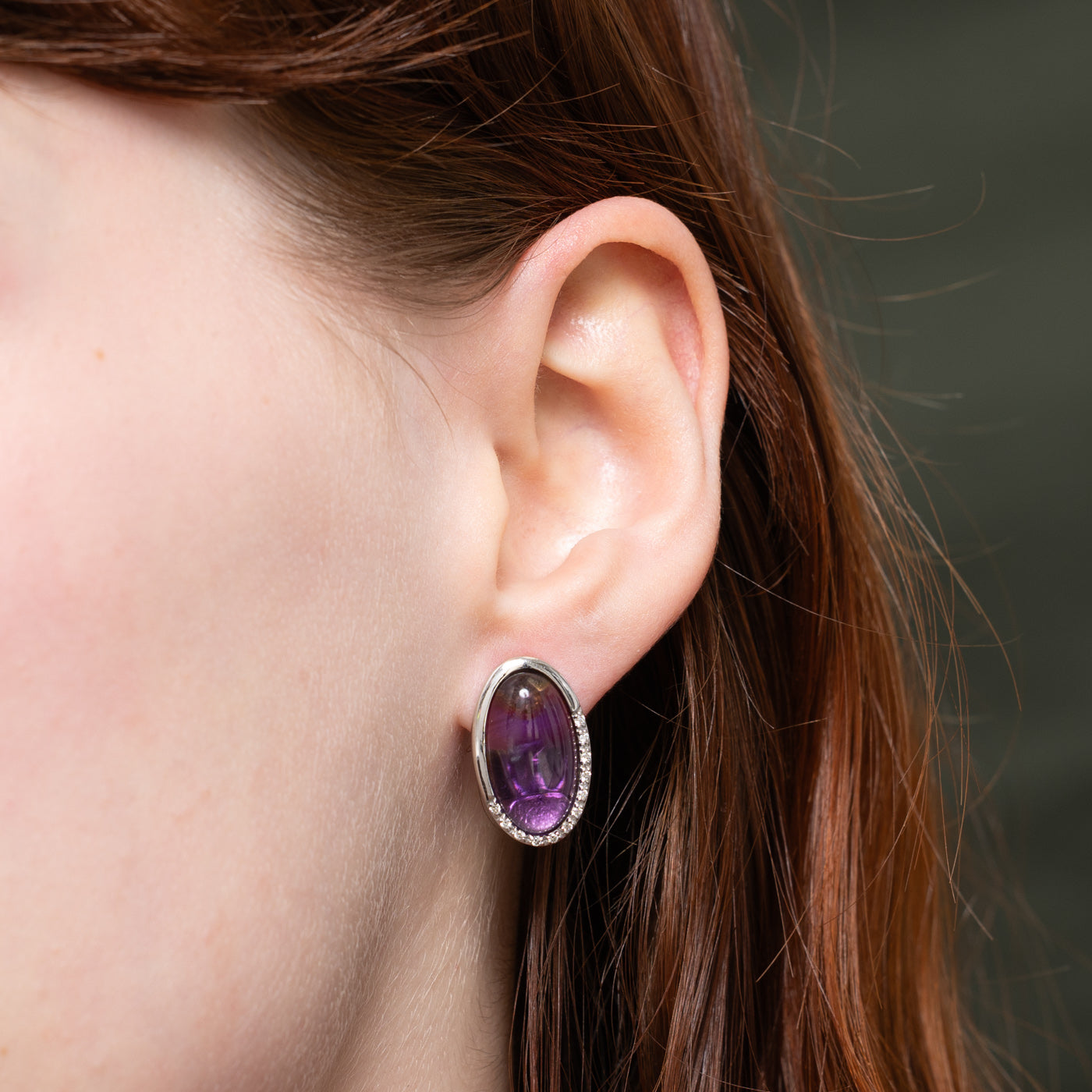 14K Cabochon Amethyst & Diamond Semi Halo Stud Earrings | 11.00ctw, 0.12ctw