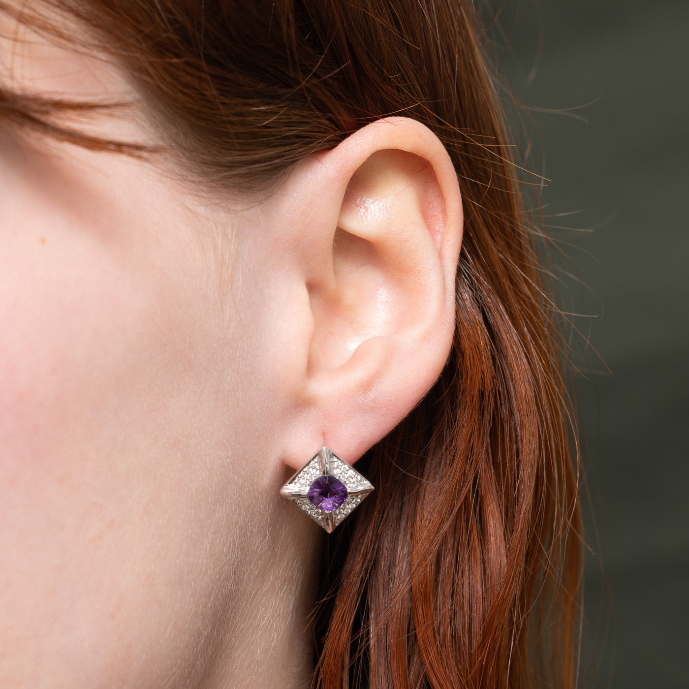 14K Cushion Cut Amethyst & Diamond Geometric Stud Earrings | 1.60ctw, 0.21ctw