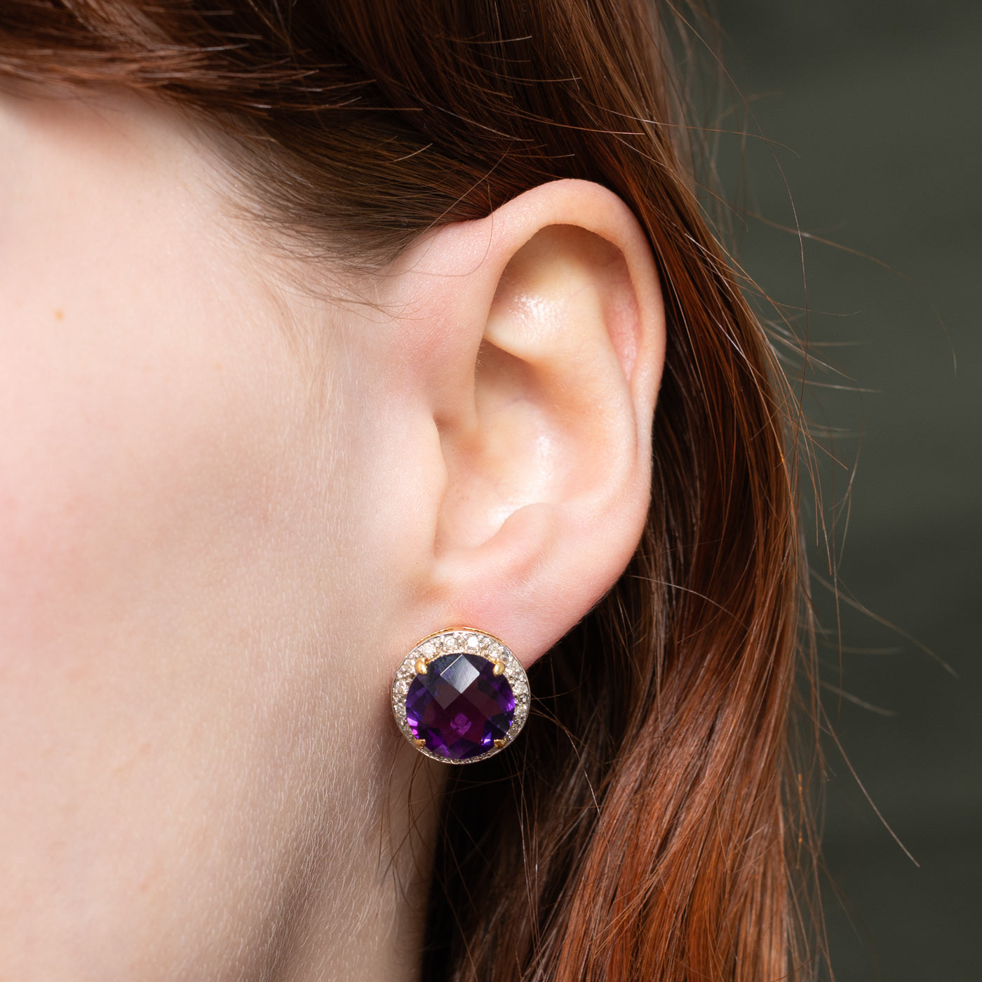 18k Checkerboard Cut Amethyst & Diamond Halo Stud Earrings | 10.00ctw, 0.32ctw