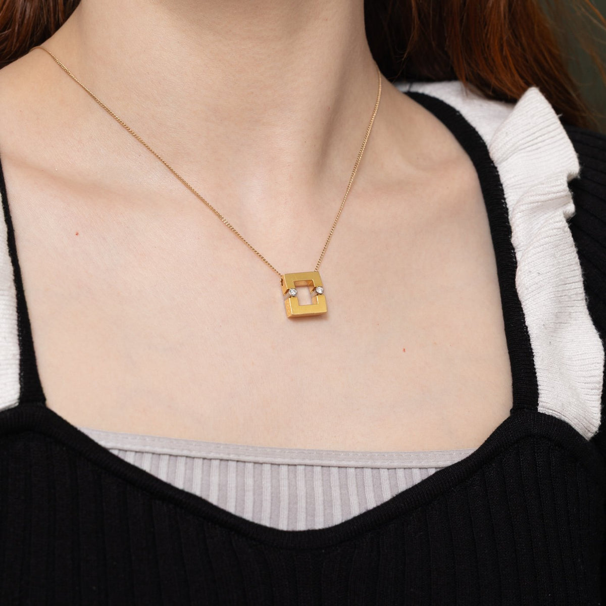 18k Two Stone Diamond Open Square Pendant | 0.10ctw
