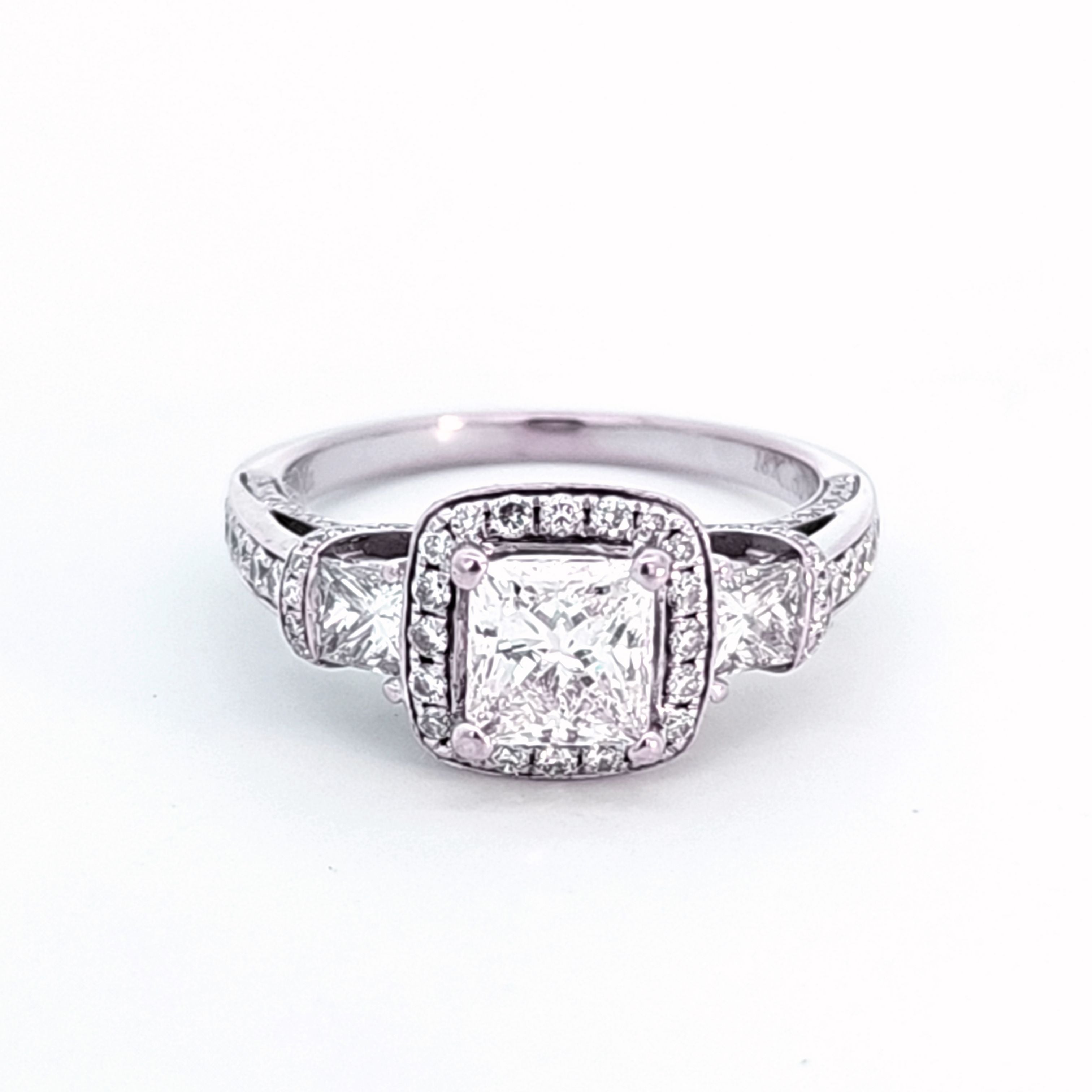 Simon G' Three Stone Princess Diamond Gallery Ring | 1.84ctw | SZ 6.25 |