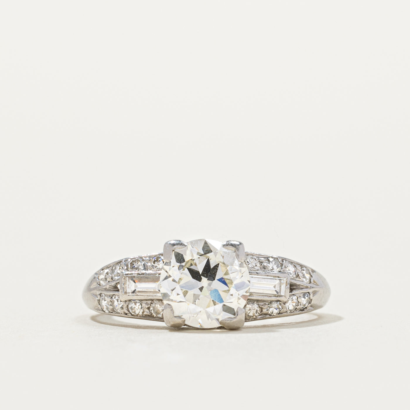 Art Deco Platinum Old European Cut Diamond Accented Ring | 1.06ct VVSS2 I, 0.46ctw | SZ 5.5