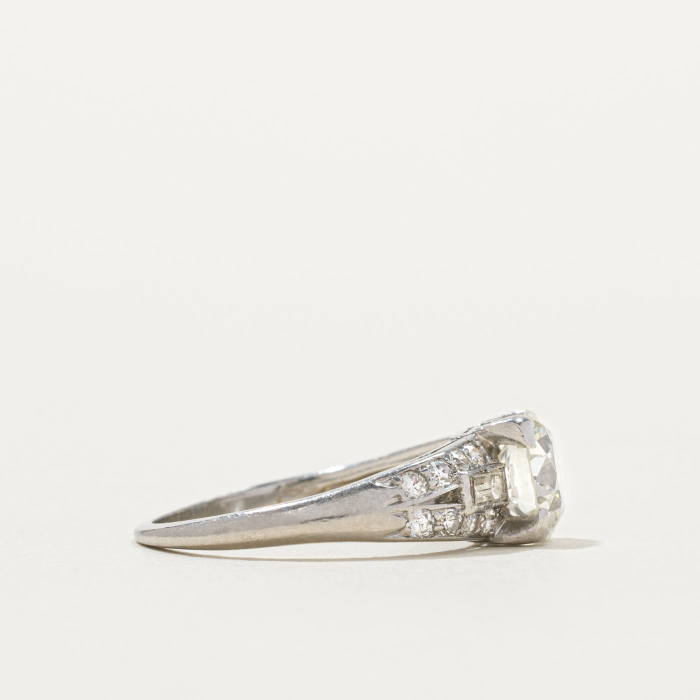 Art Deco Platinum Old European Cut Diamond Accented Ring | 1.06ct VVSS2 I, 0.46ctw | SZ 5.5