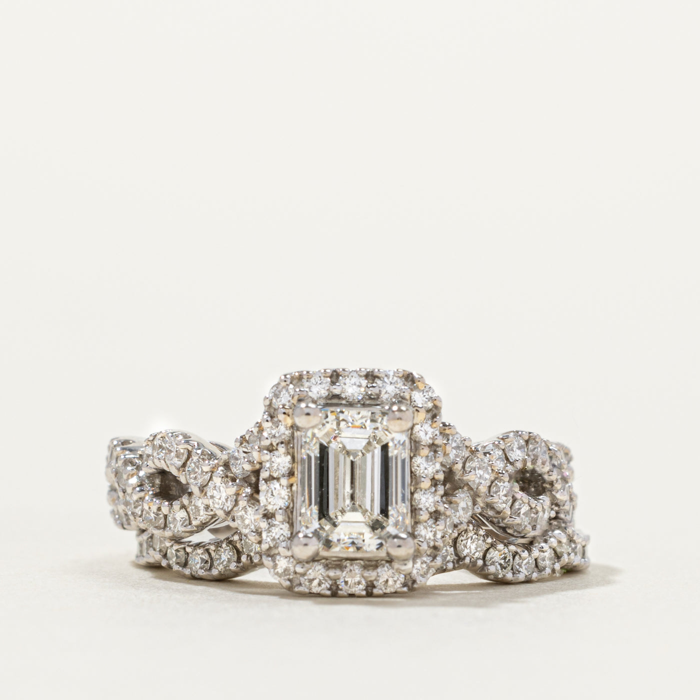 14k Emerald Cut Diamond Halo Crossover Wedding Ring Set | 0.68ct SI1/SI2 H/I, 0.89ctw | SZ 4.75