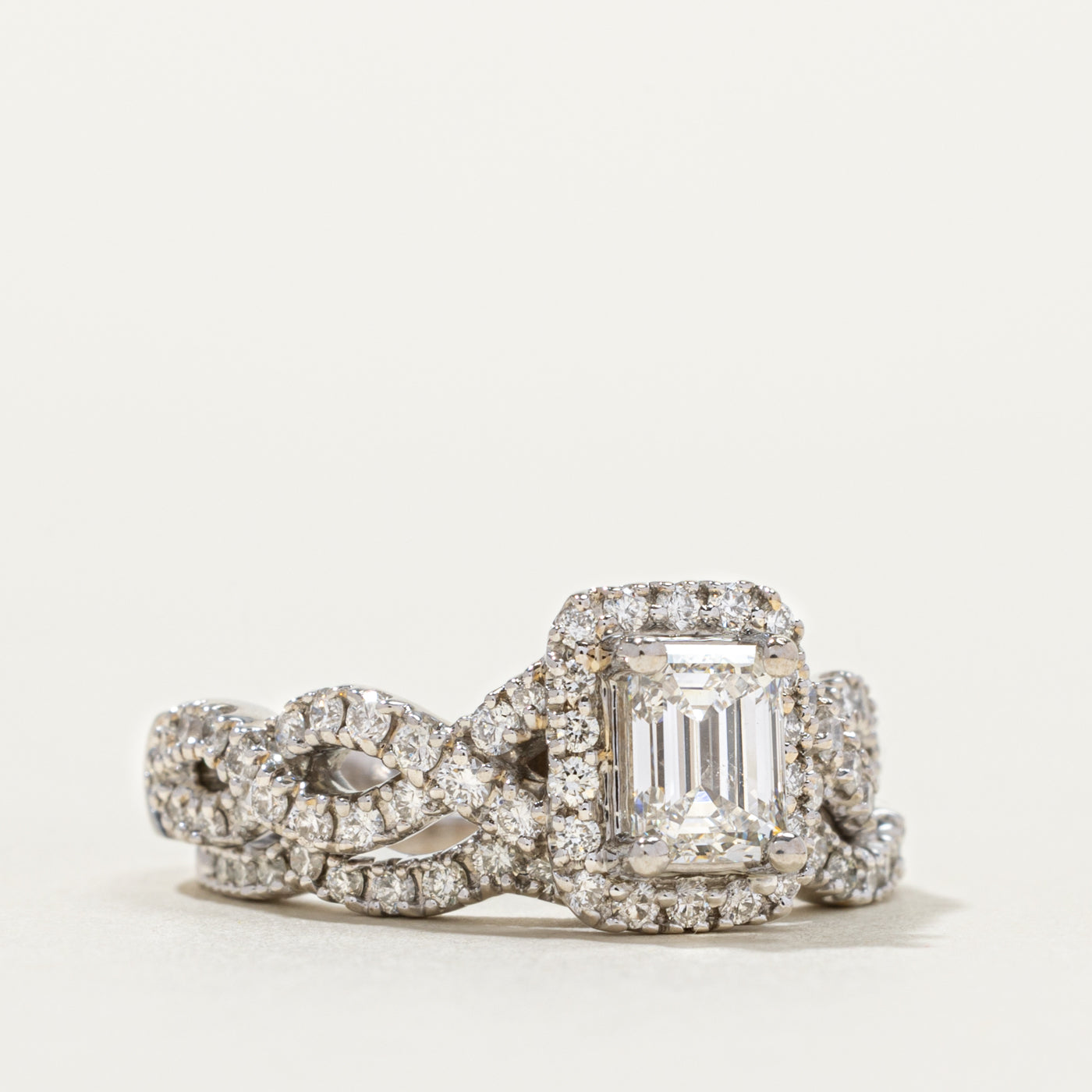 14k Emerald Cut Diamond Halo Crossover Wedding Ring Set | 0.68ct SI1/SI2 H/I, 0.89ctw | SZ 4.75