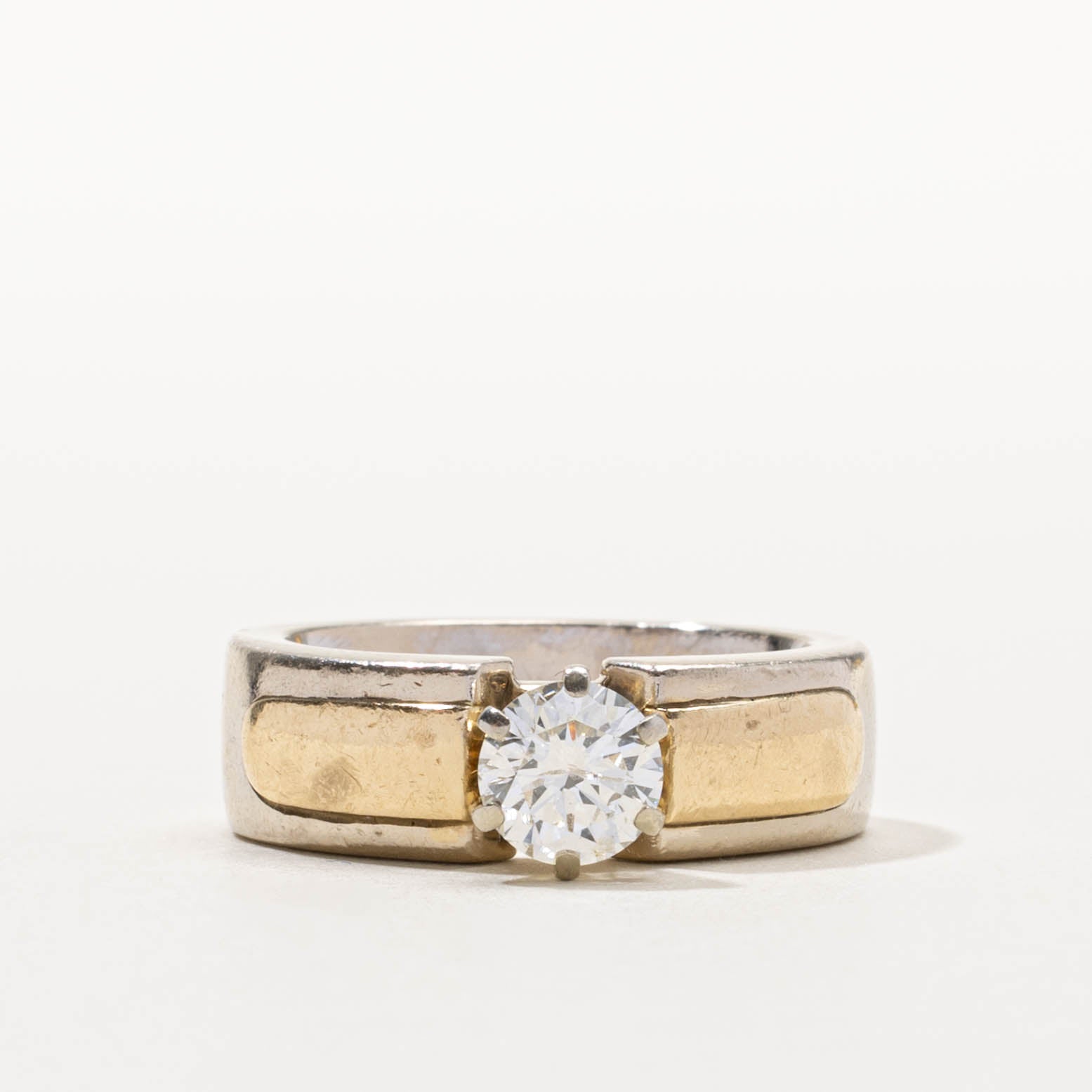 14k Two Tone Solitaire Diamond Chunky Ring | 0.97ct | SZ 7.75