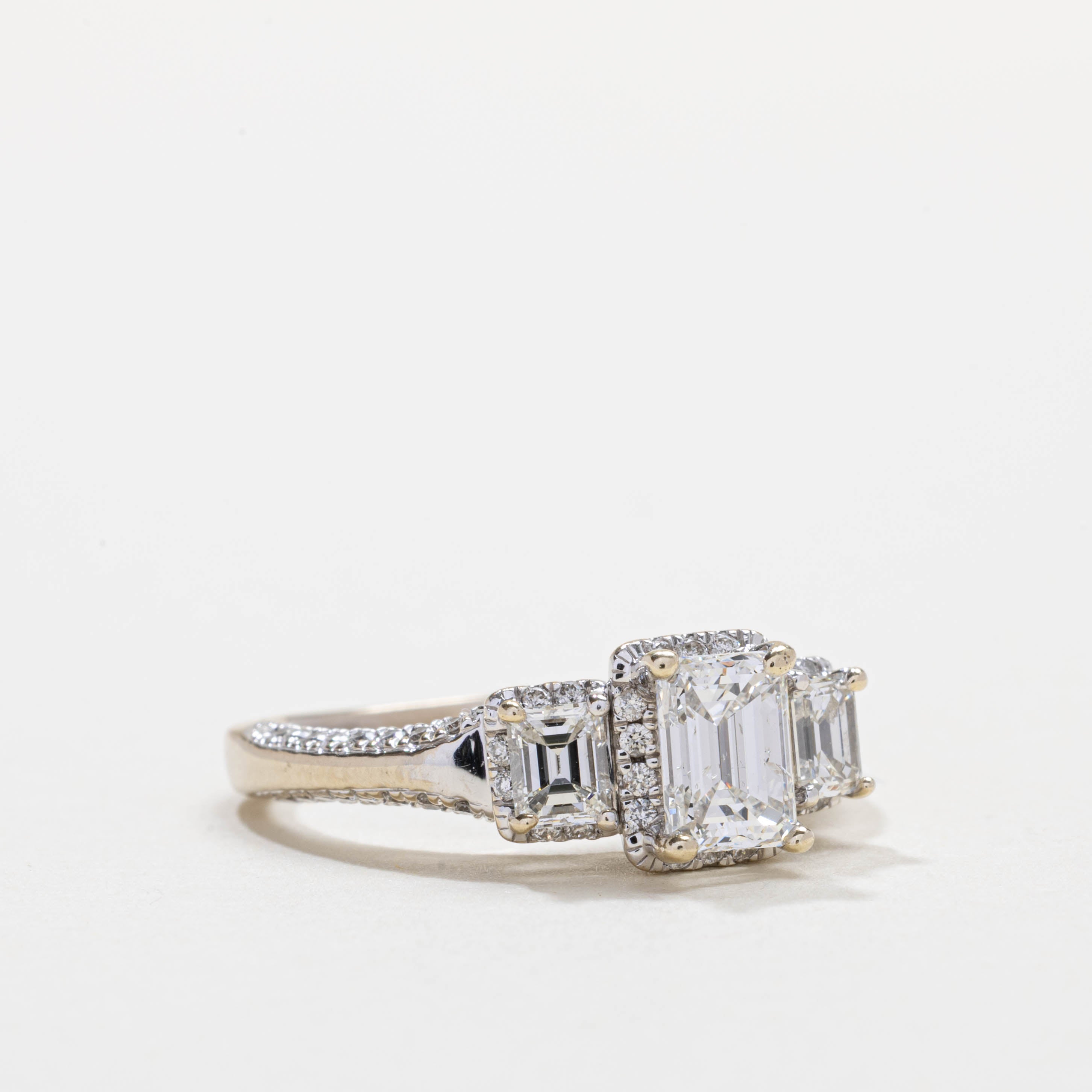 Three Stone Emerald Cut Diamond Halo Ring | 1.62ctw | SZ 7.0