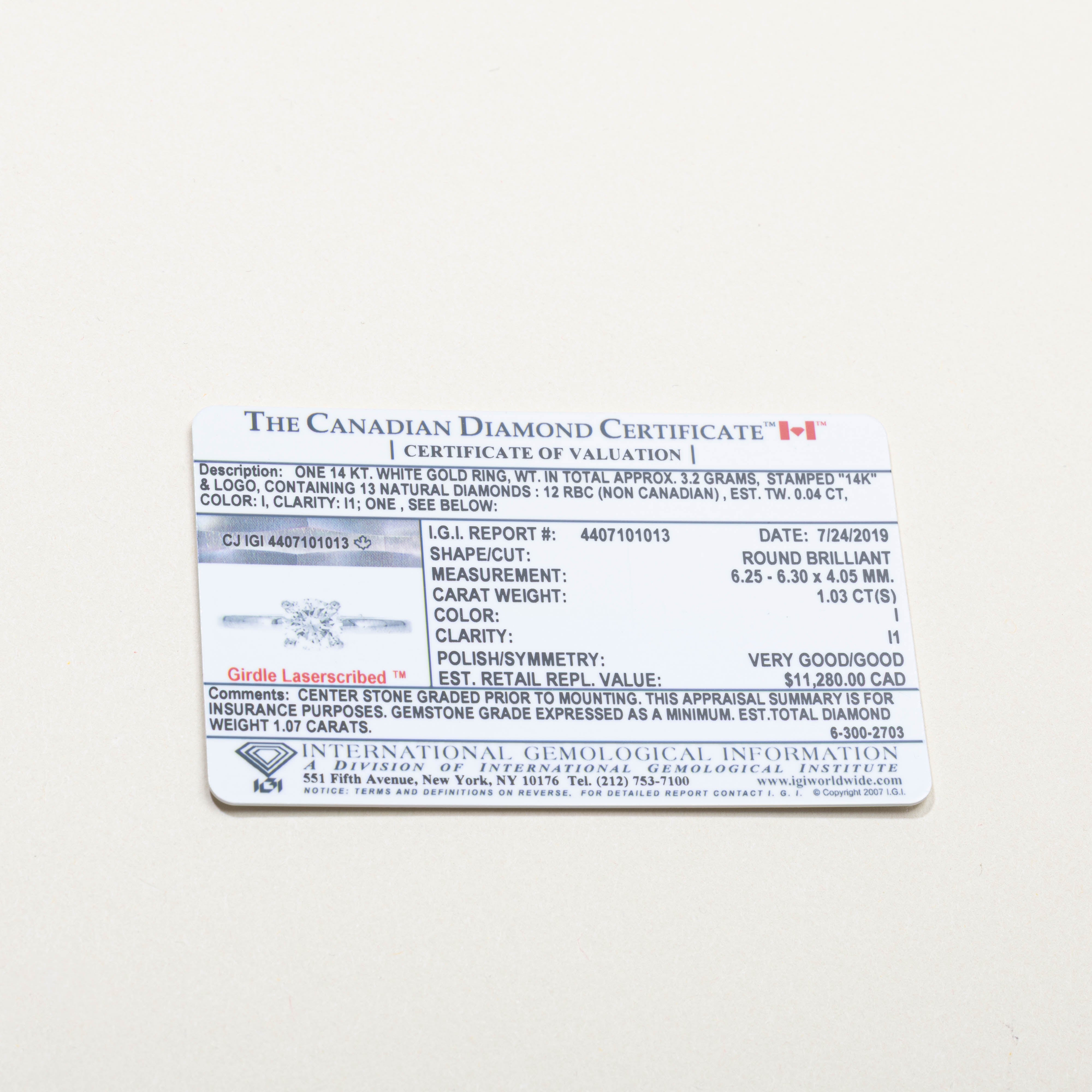 Canadian 14K Solitaire Diamond Ring | 1.03ct I1 I, 0.04ctw | SZ 7.0