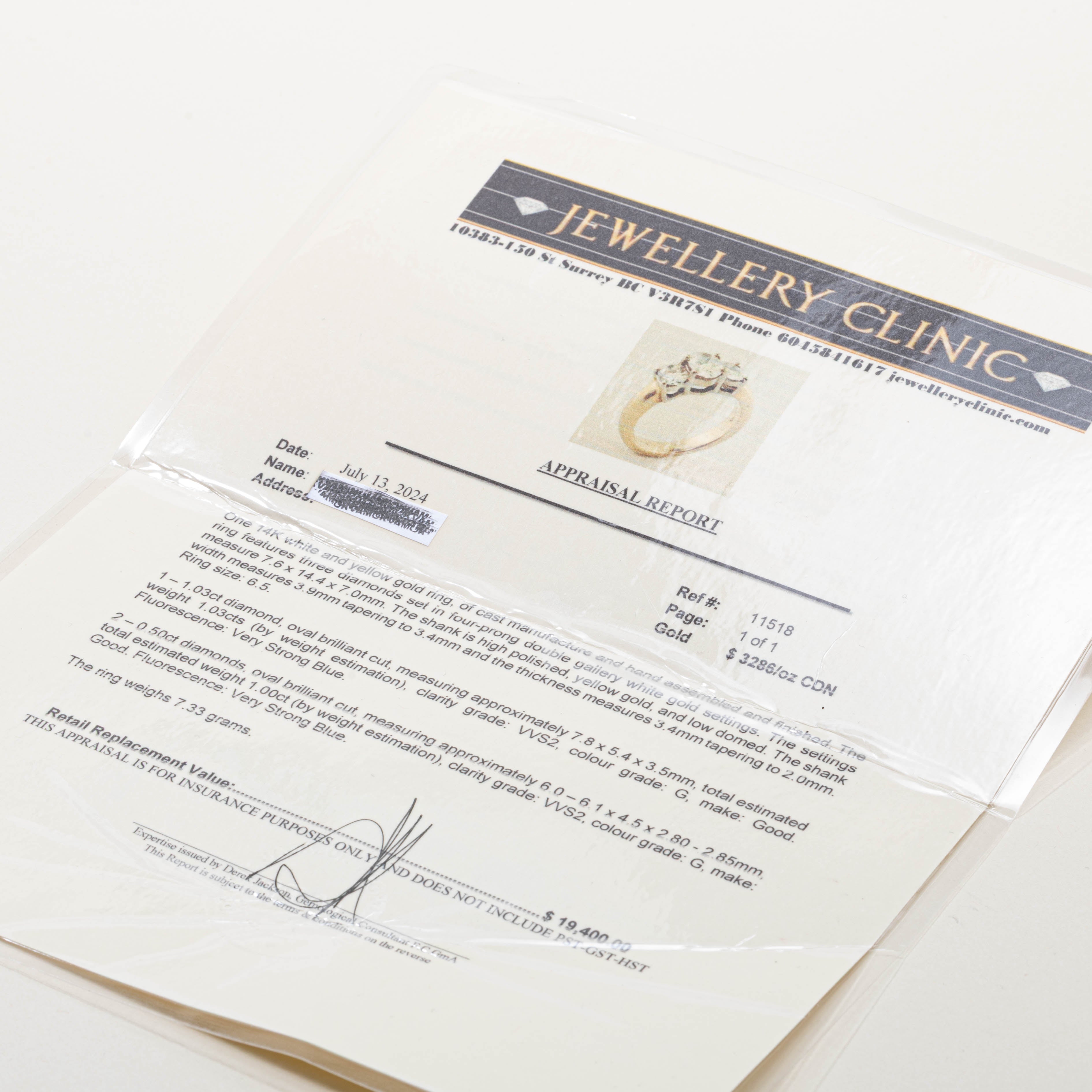 14K Three Stone Diamond Engagement Ring | 2.03ctw VVS2 G | SZ 6.5