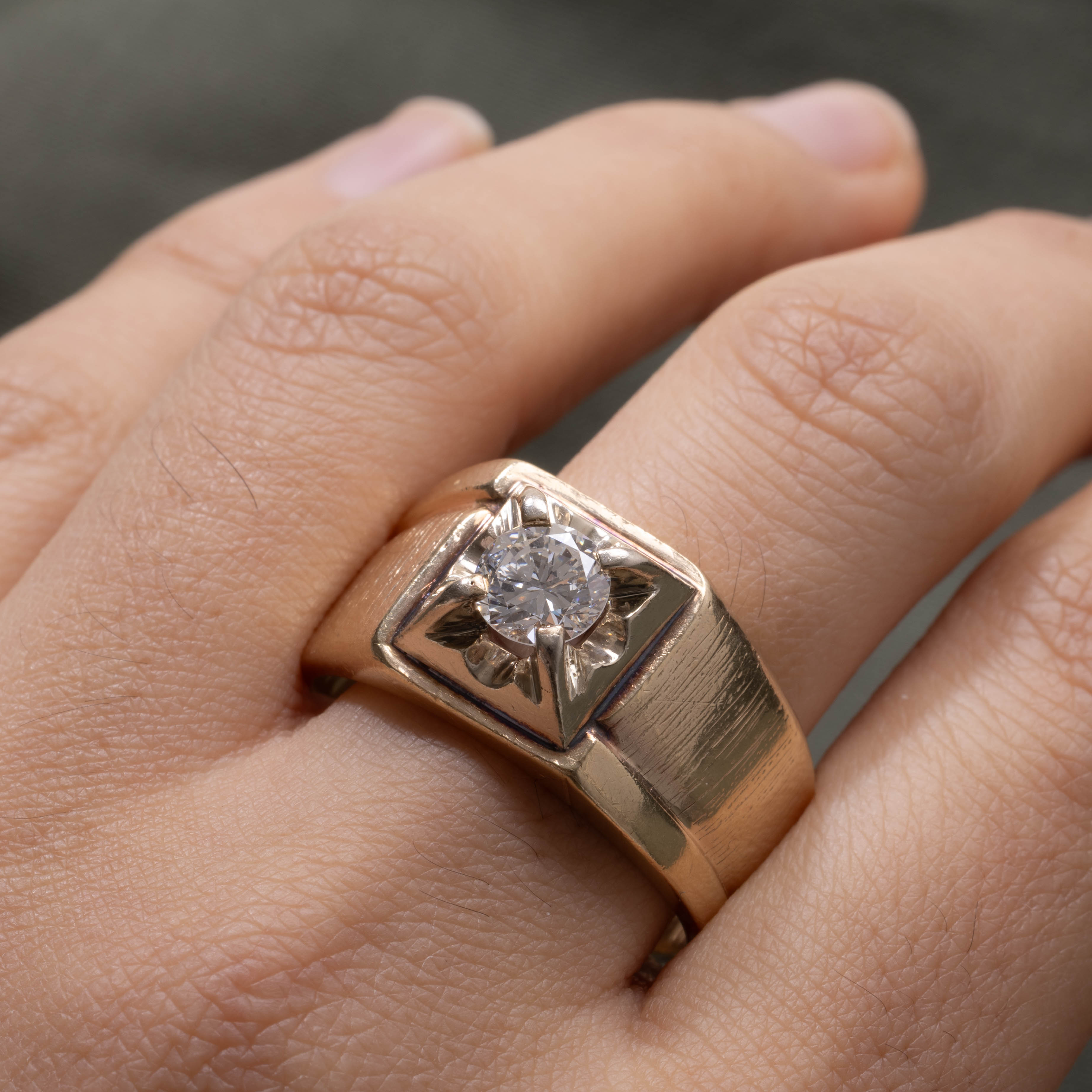 14K Diamond Textured Chunky Signet Ring | 1.02ct VS2 G/H | SZ 13.0