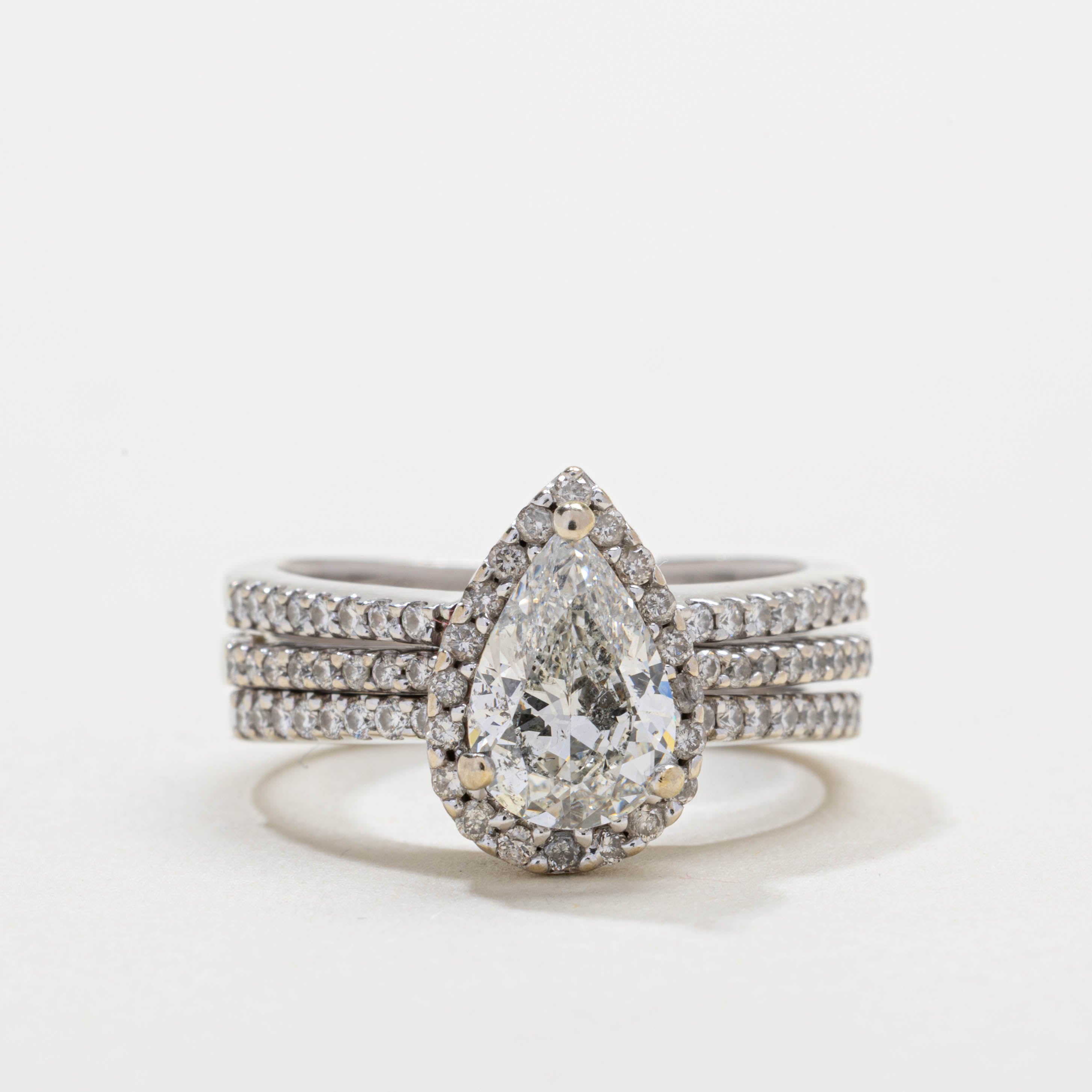 14K Pear Cut Diamond Halo Soldered Wedding Ring Set | 1.30ct I2 H/I, 0.51ctw | SZ 5.75