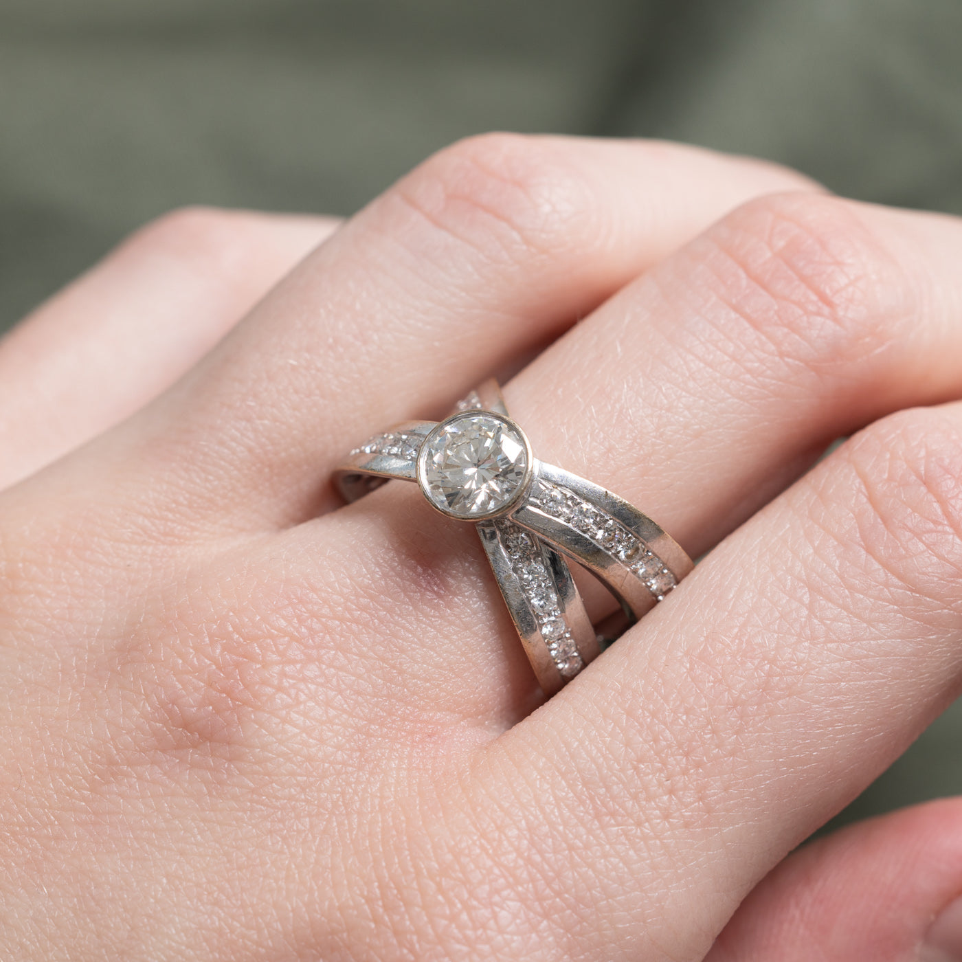 Bezel Set Diamond Cross Over Ring | 1.20ct VS2 I/J, 0.70ctw | SZ 7.25