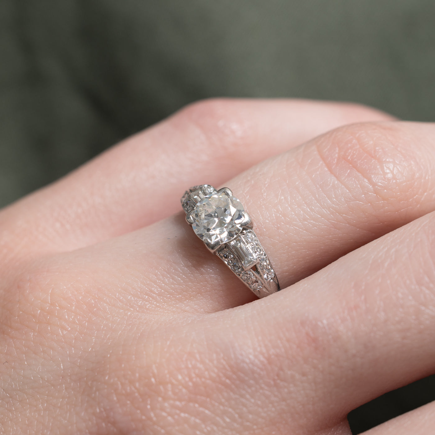 Art Deco Platinum Old European Cut Diamond Accented Ring | 1.06ct VVSS2 I, 0.46ctw | SZ 5.5
