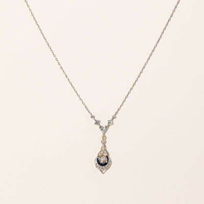 Antique Old Cut Diamond & Synthetic Sapphire Pendant Necklace | 0.28ctw, 0.16ctw | 18