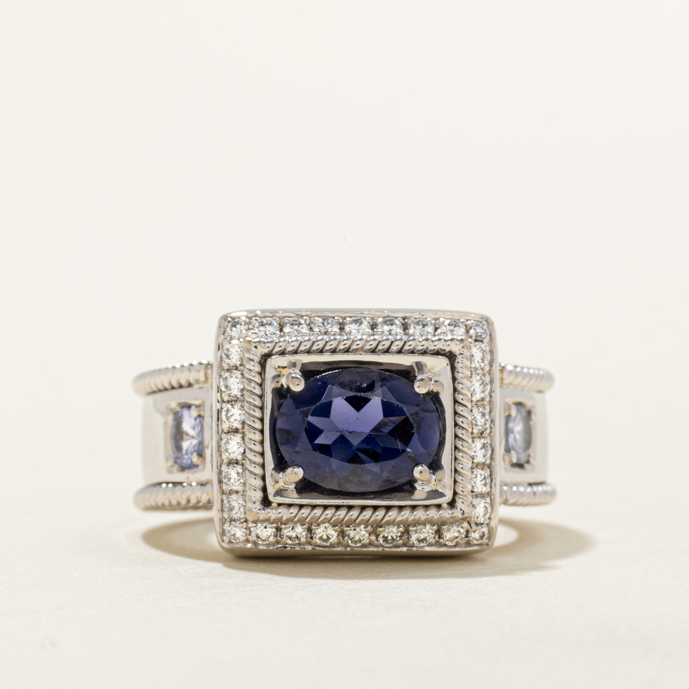 Iolite & Tanzanite Diamond Halo Ring | 1.00ct, 0.28ctw, 0.20ctw | SZ 6.5 |