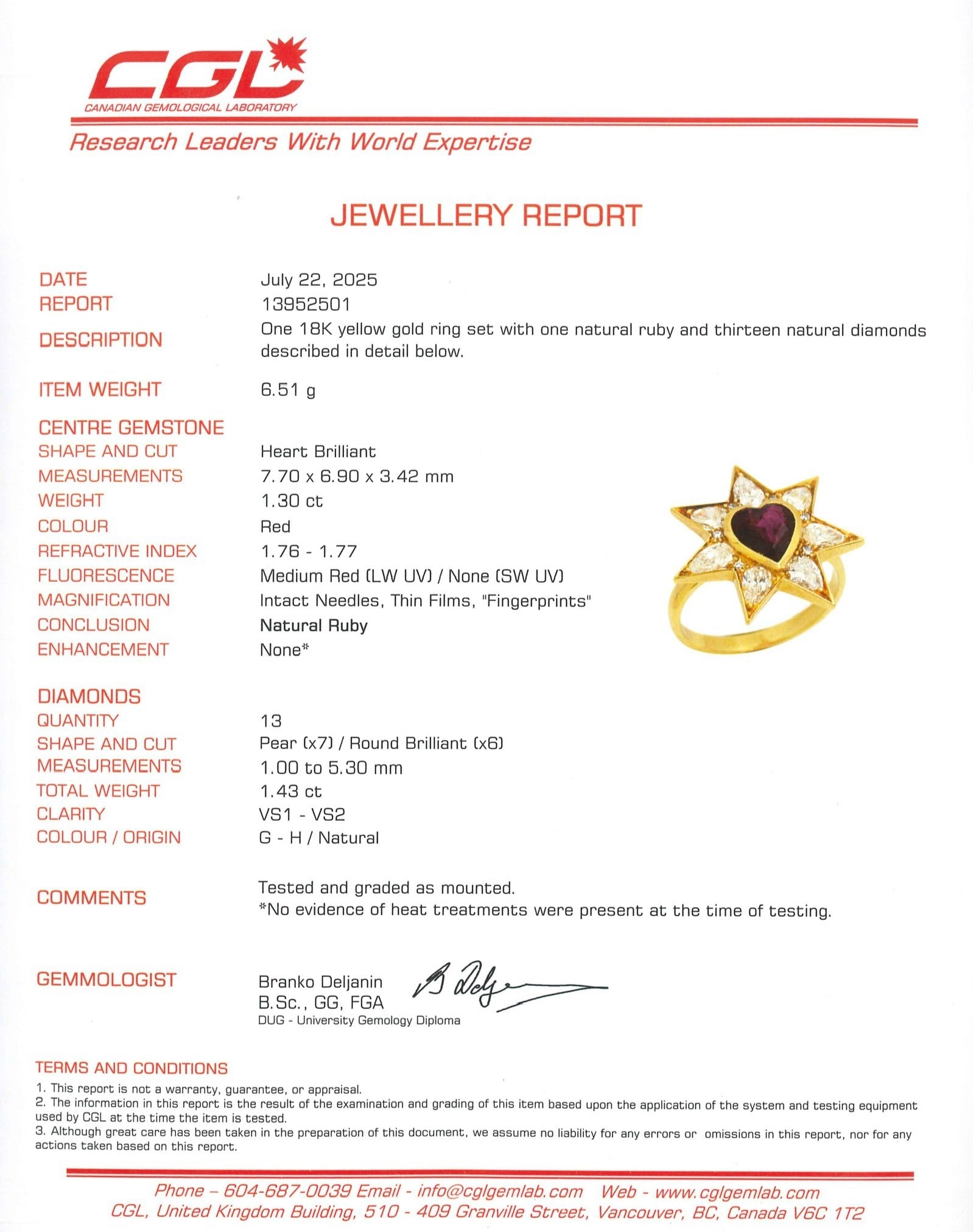 Unheated Ruby and Diamond Star Ring | 1.30ct, 1.43ctw | SZ 7.5 |