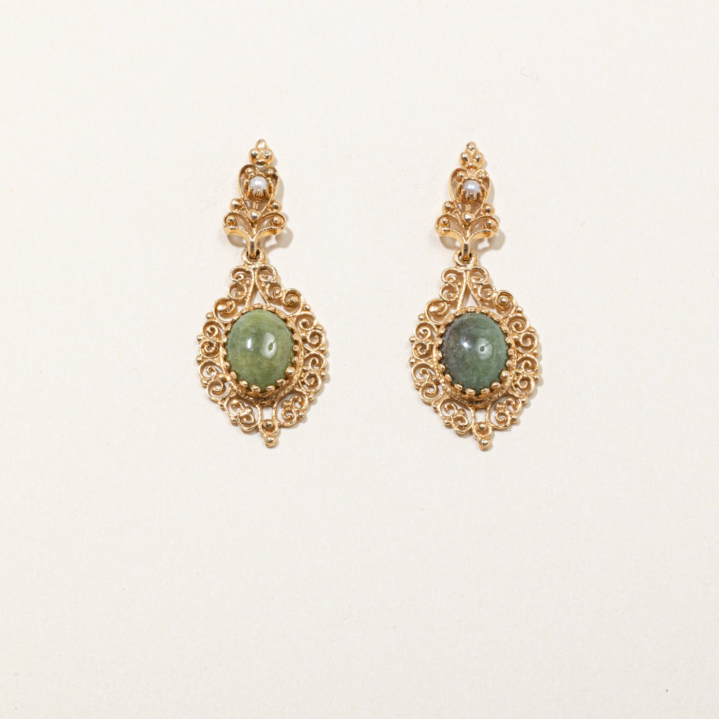 Vintage Serpentine & Pearl Drop Earrings | 3.50ctw |