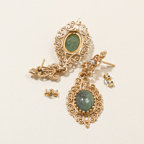 Vintage Serpentine & Pearl Drop Earrings | 3.50ctw |