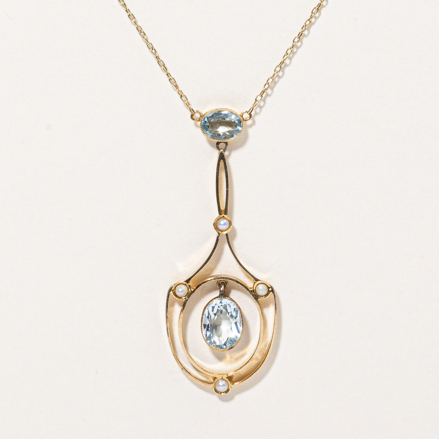 Aquamarine & Seed Pearl Drop Pendant Necklace | 1.30ctw | 16