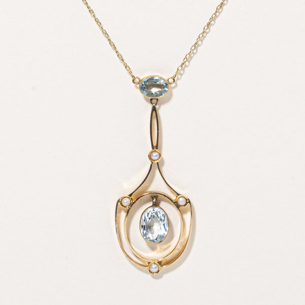 Aquamarine & Seed Pearl Drop Pendant Necklace | 1.30ctw | 16