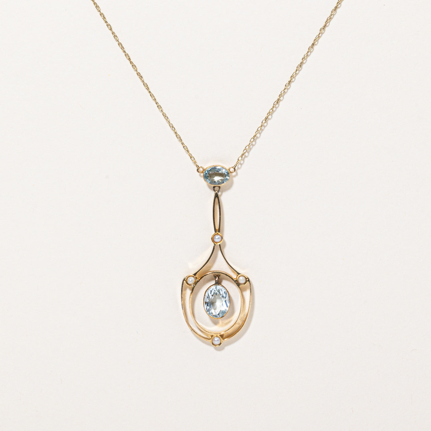 Aquamarine & Seed Pearl Drop Pendant Necklace | 1.30ctw | 16