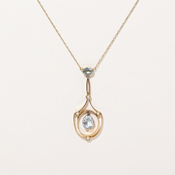 Aquamarine & Seed Pearl Drop Pendant Necklace | 1.30ctw | 16