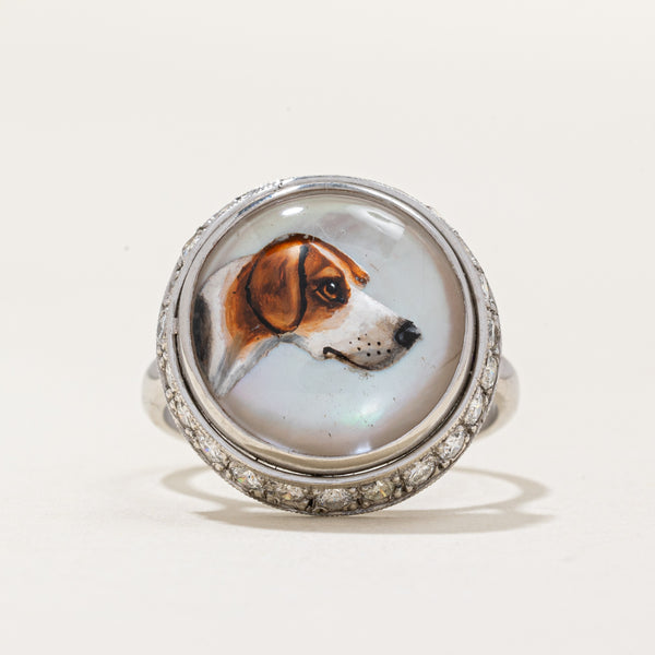 Art Deco Era Essex Crystal Diamond Hand Painted Hound Portrait Ring | 0.57ctw | SZ 6.75 |