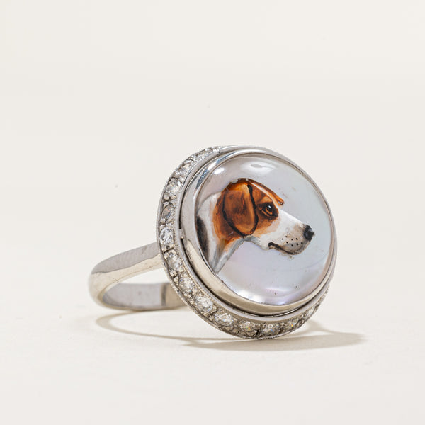 Art Deco Era Essex Crystal Diamond Hand Painted Hound Portrait Ring | 0.57ctw | SZ 6.75 |