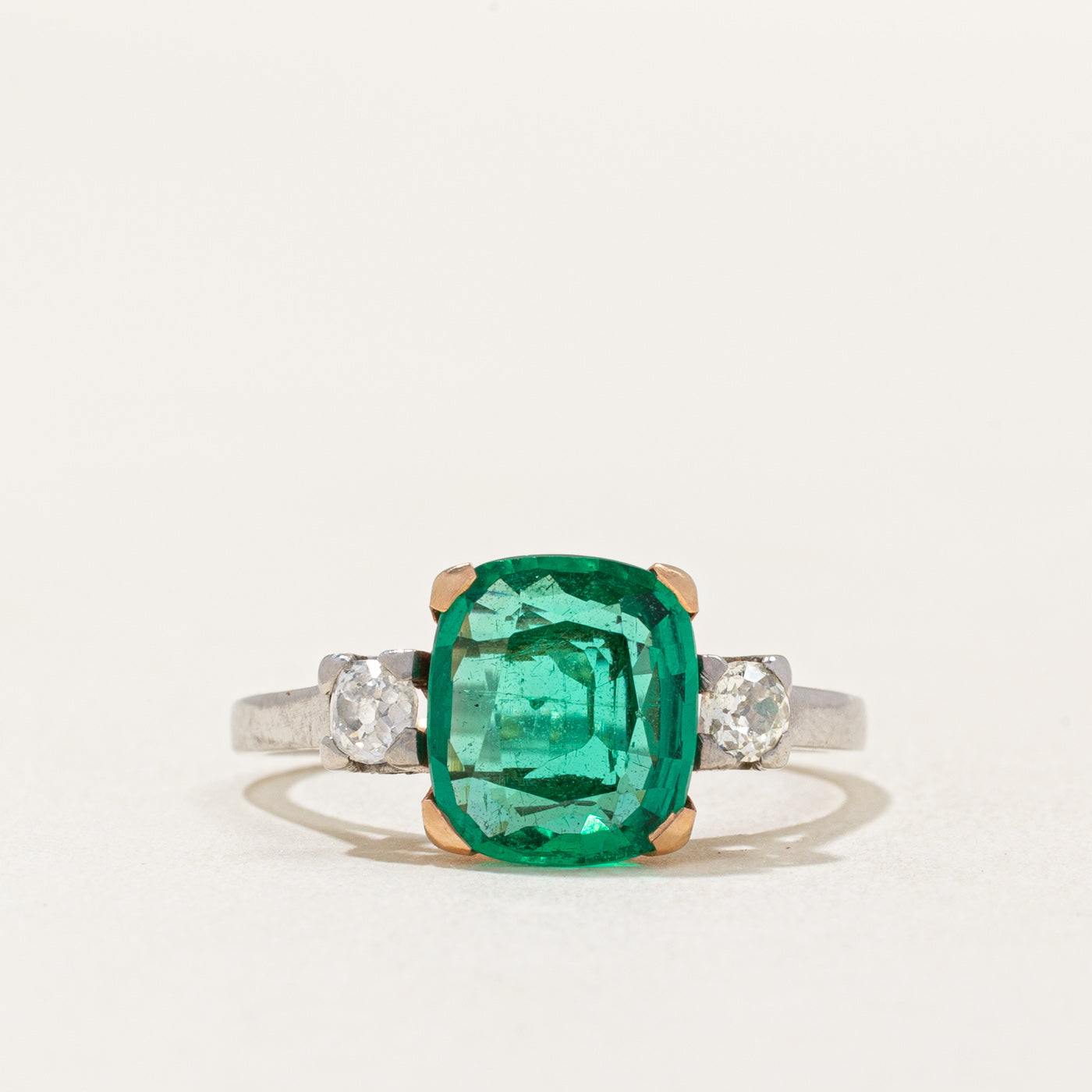 Natural Emerald & Old-cut Diamond Ring | 2.15ct, 0.24ctw | SZ 7.5 |