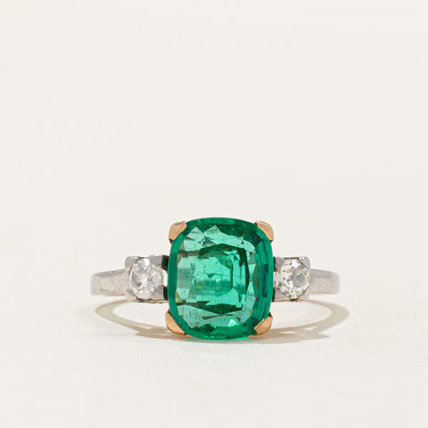 Vintage Emerald & Old European Cut Diamond Ring in Platinum and 18k Gold | 2.15ct, 0.24ctw | SZ 7.5 |