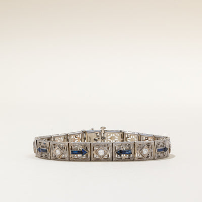 Art Deco Synthetic Sapphire & Diamond Bracelet | 1.20ctw, 0.50ctw | 7