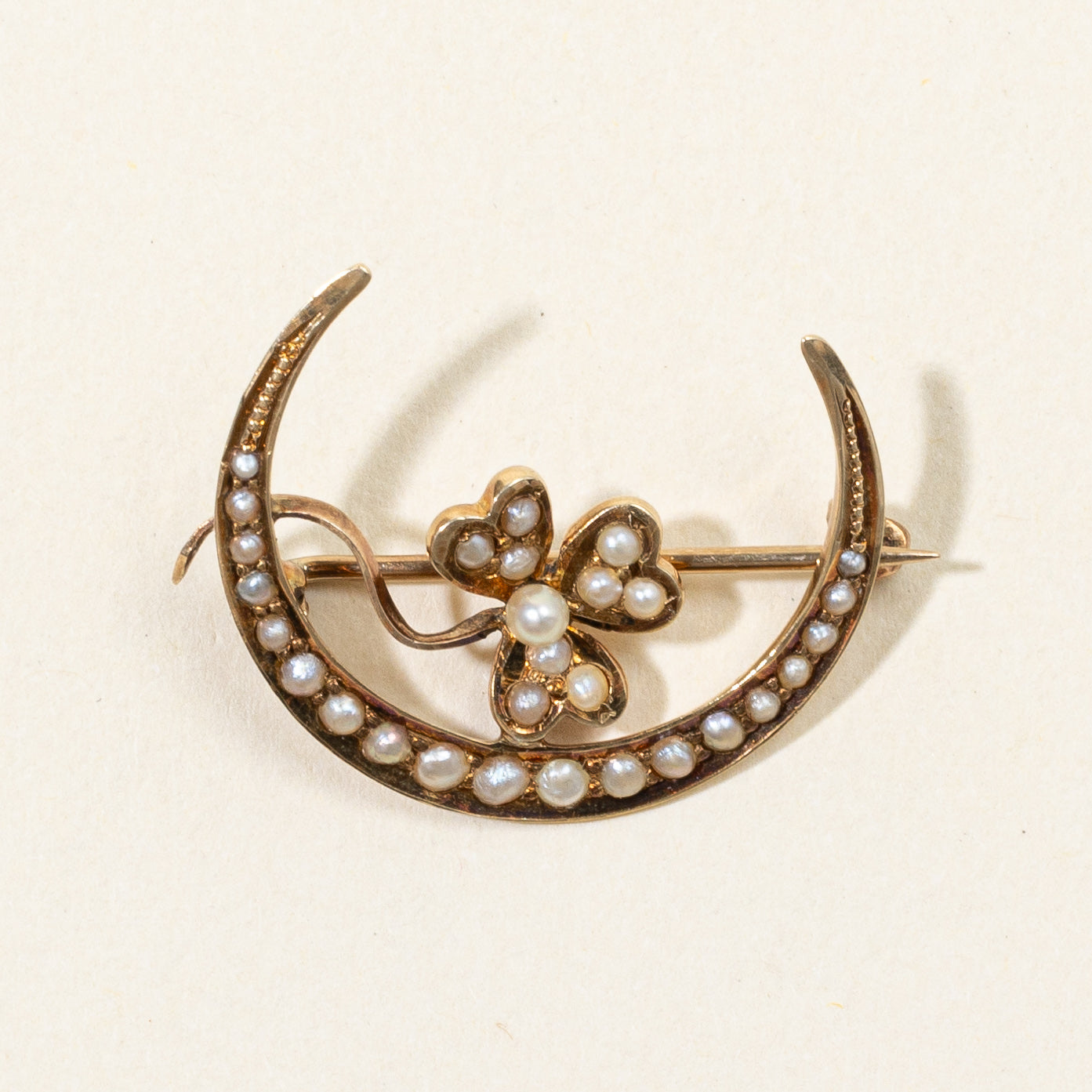 Pearl Crescent Moon & Clover Brooch