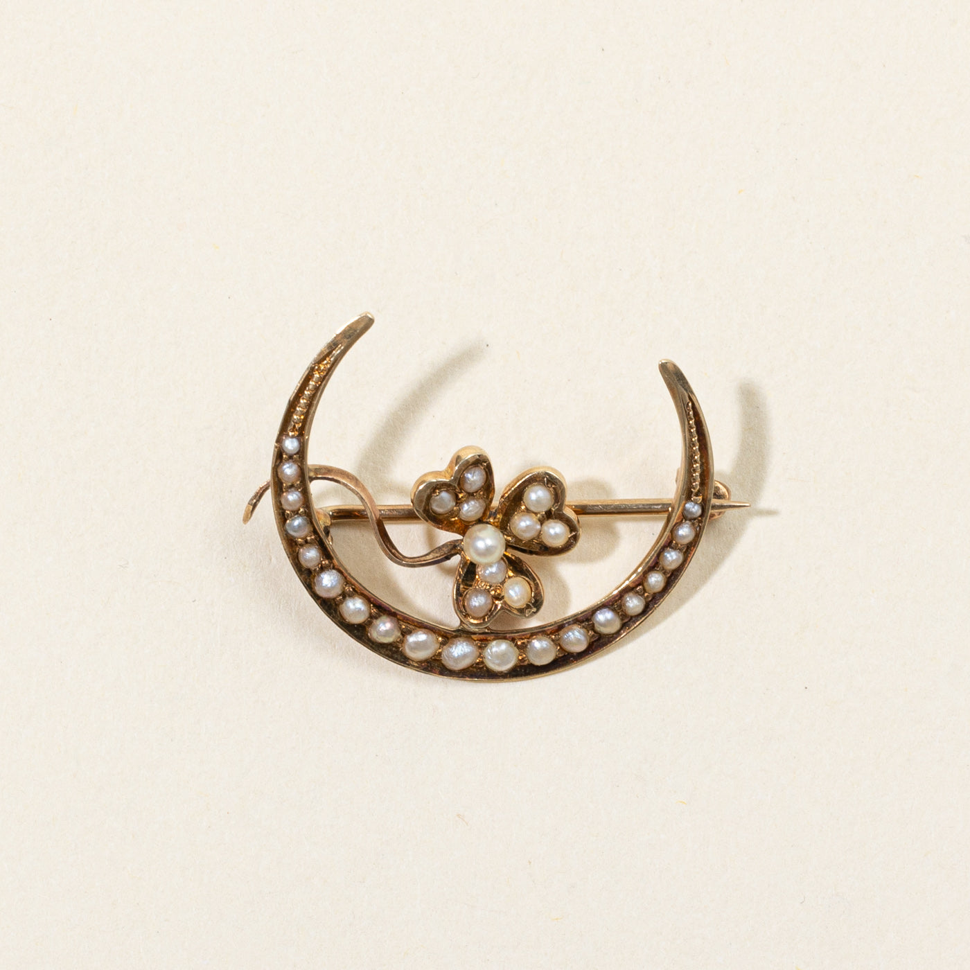 Pearl Crescent Moon & Clover Brooch
