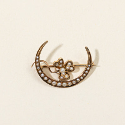 Pearl Crescent Moon & Clover Brooch