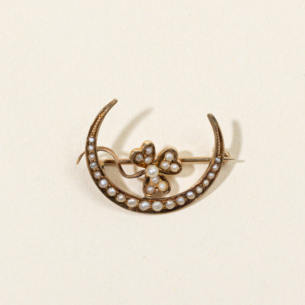 Pearl Crescent Moon & Clover Brooch