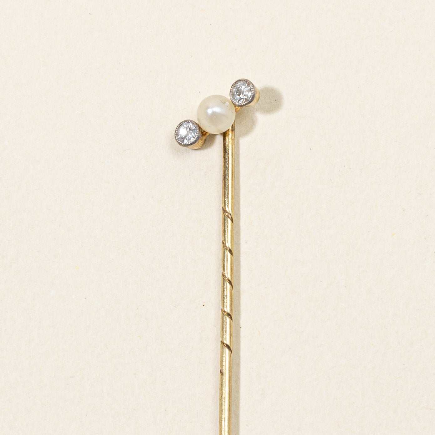 Old European Cut Diamond & Pearl Pin | 0.08ctw, 3.70mm Pearl |