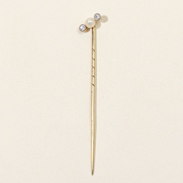 Old European Cut Diamond & Pearl Pin | 0.08ctw, 3.70mm Pearl |