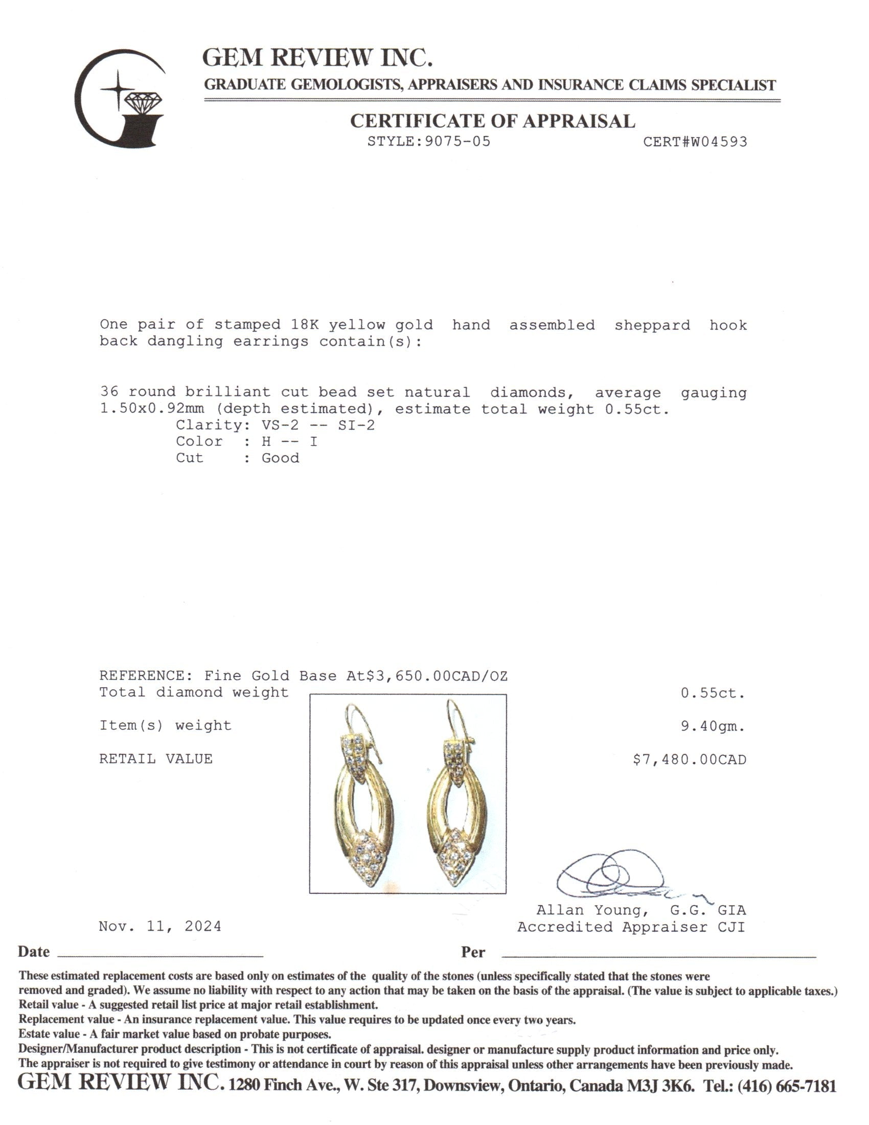 18K Yellow Gold Diamond Drop Earrings | 0.55ctw |