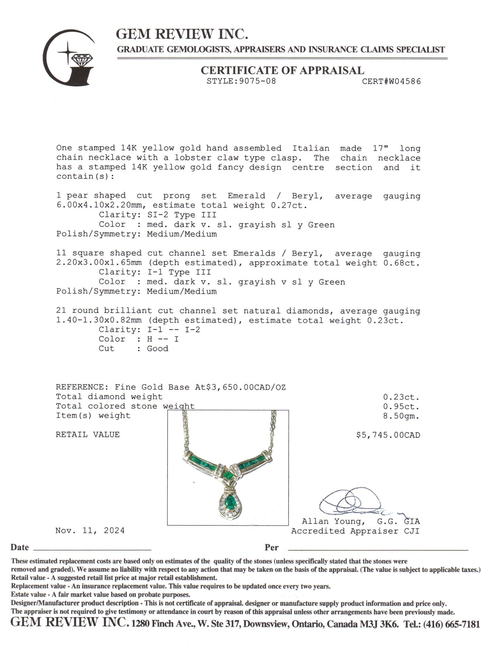 Collier en or jaune 14 carats avec émeraudes et diamants | 0,95 ct au total, 0,23 ct au total | 43 cm (17 pouces) | 
