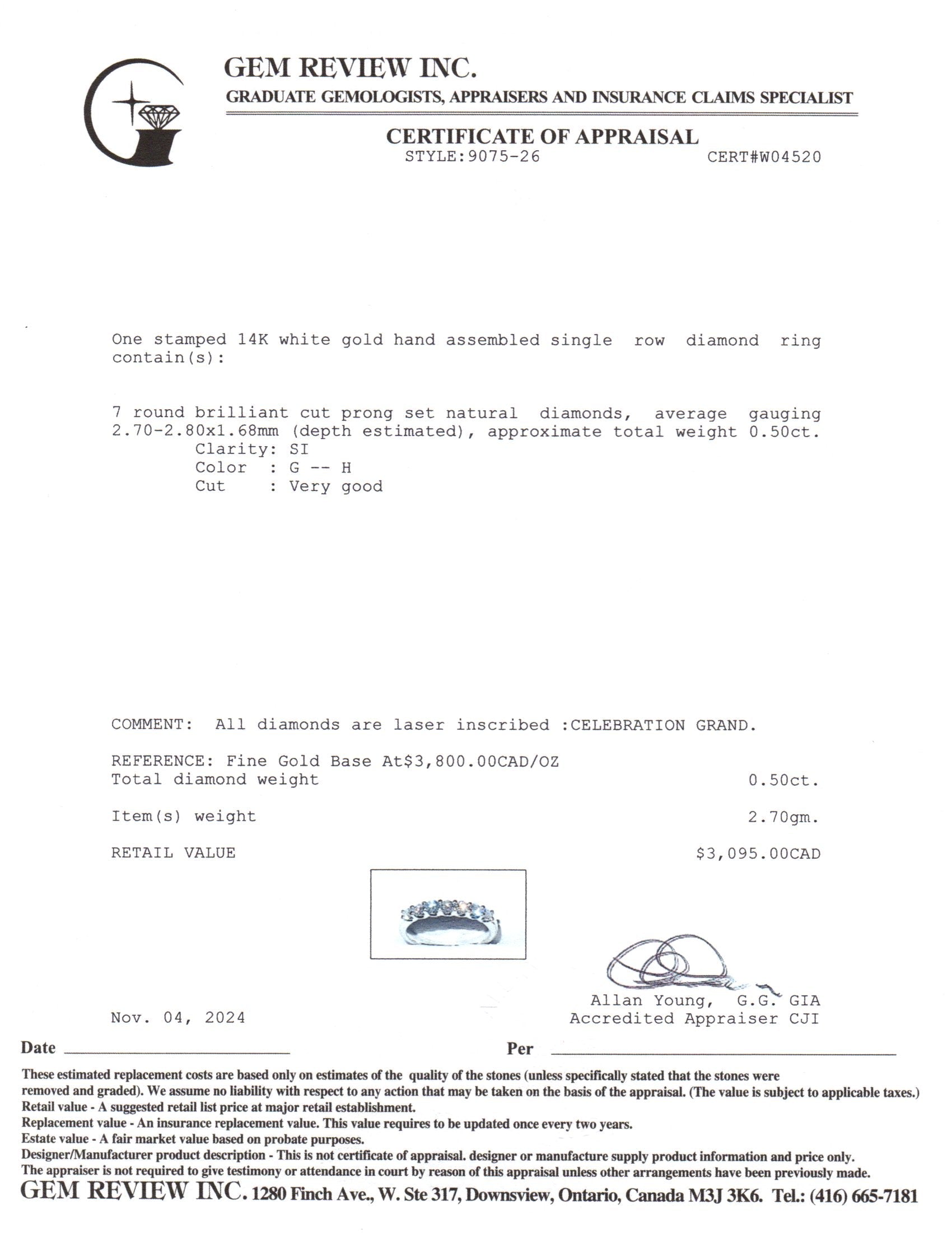 Alliance semi-éternité en or blanc 14 carats sertie de diamants | 0,50 ct au total | Taille 6,25 | 