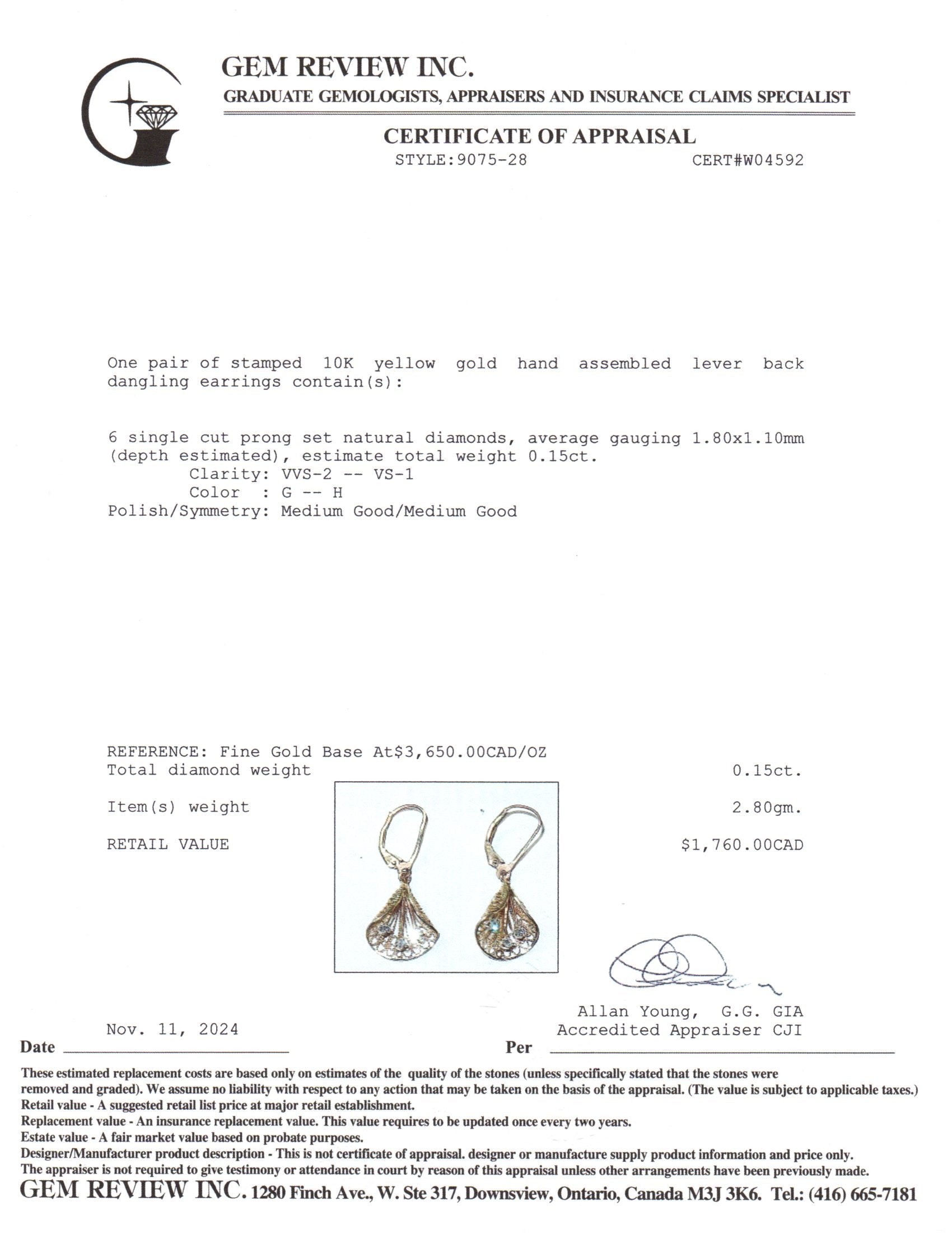 10K Yellow Gold Diamond Drop Earrings | 0.15ctw |