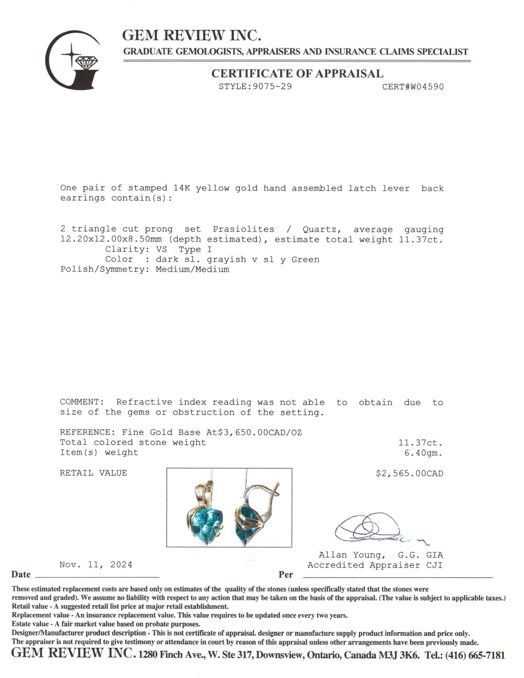 Boucles d'oreilles pendantes en or jaune 14 carats et prasiolites | 11,37 ct au total | 